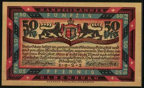 Notgeld Oldenburg 1921, 50 Pfennig, Graf Anton Günther zu Pferde und Engel