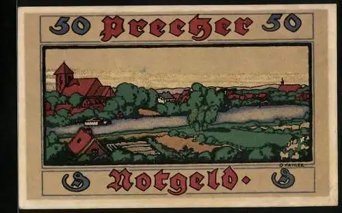 Notgeld Preetz in Holstein 1921, 50 Pfennig, Ortsansicht am Fluss