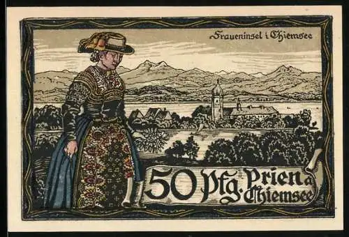 Notgeld Prien a. Chiemsee, 50 Pfennig, Fraueninsel, Dame in Tracht