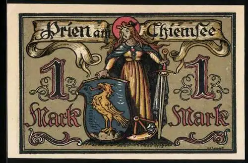 Notgeld Prien a. Chiemsee, 1 Mark, Allegorische Frauenfigur mit Wappenschild