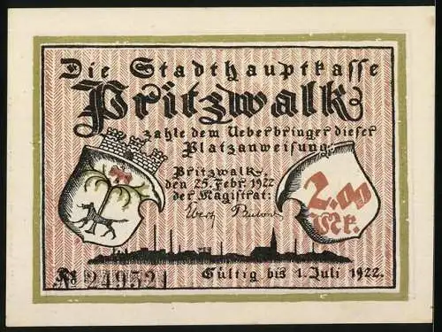 Notgeld Pritzwalk 1922, 2 Mark, Bürger und Stadtknecht bringen den Räuber nach Pritzwalk