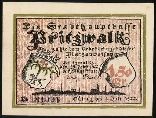 Notgeld Pritzwalk 1922, 1,50 Mark, Der Rat befragt die Frau, aber sie schweigt