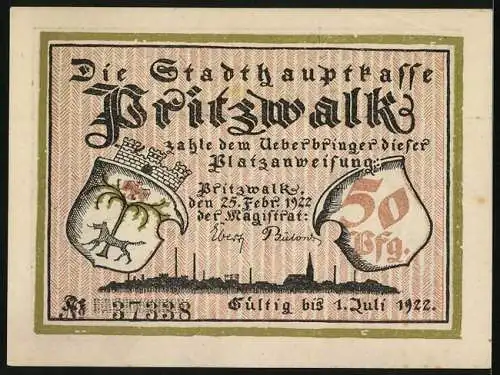 Notgeld Pritzwalk 1922, 50 Pfennig, Räuber Heine schreibt seinen Fehdebrief