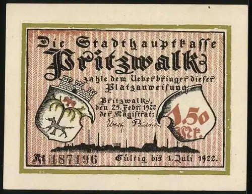 Notgeld Pritzwalk 1922, 1,50 Mark, Die Frau verrät vor dem Rat nichts