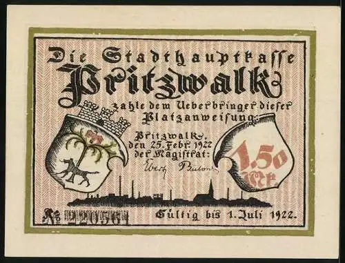 Notgeld Pritzwalk 1922, 1,50 Mark, Die Frau plaudert es aus und ein versteckter Mann hört zu