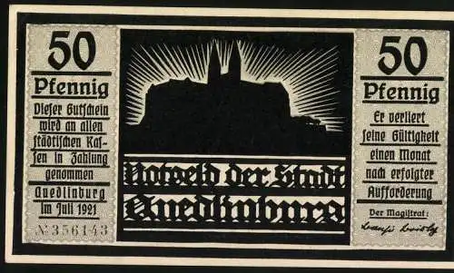 Notgeld Quedlinburg 1921, 50 Pfennig, Kaiser Heinrich trägt die Krone