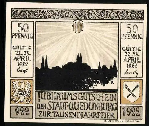 Notgeld Quedlinburg 1922, 50 Pfennig, Sturz des Roland 1477