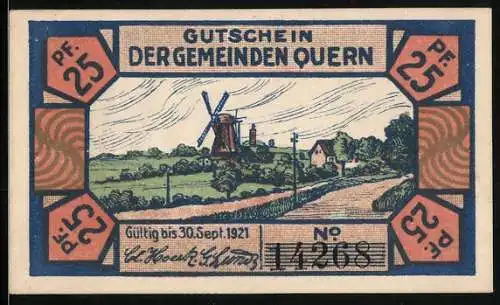 Notgeld Quern, 25 Pfennig, Ortsansicht mit der Windmühle