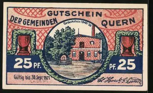 Notgeld Quern, 25 Pfennig, Der Gedenkstein, Ortsansicht mit Norburg und Sonderburg