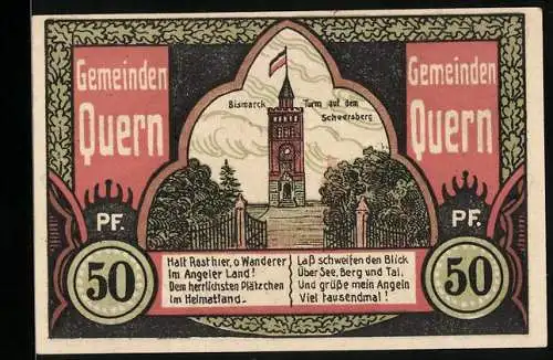 Notgeld Quern, 50 Pfennig, Bismarck-Turm auf dem Scheersberg
