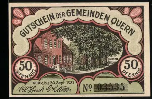Notgeld Quern, 50 Pfennig, Kirche mit Denkmal, Pastorat