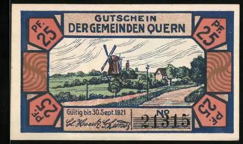 Notgeld Quern, 25 Pfennig, Ortsansicht mit Windmühle, Mann mit deutscher Reichsflagge trampelt auf der dänischen Flagge