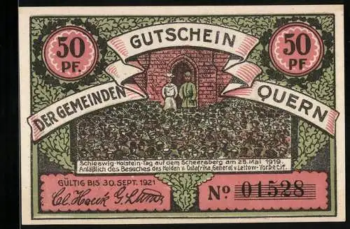 Notgeld Quern, 50 Pfennig, Besuch von General v. Lettow-Vorbeck 1919