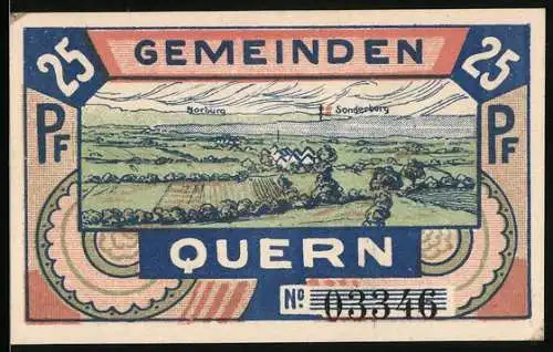 Notgeld Quern, 25 Pfennig, Ortsansicht mit Norburg und Sonderburg, Gedenkstein