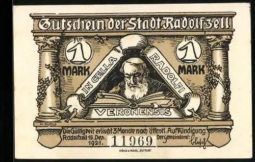 Notgeld Radolfzell 1921, 1 Mark, Ortsansicht im frühen 19. Jahrhundert