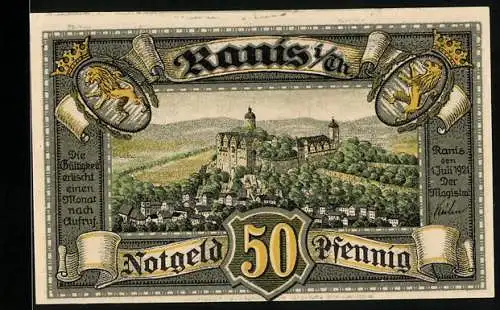 Notgeld Ranis i. Th. 1921, 50 Pfennig, Ortsansicht mit der Burg
