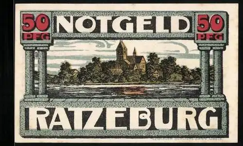 Notgeld Ratzeburg, 50 Pfennig, Ortsansicht, die Ratgeberin Razivia