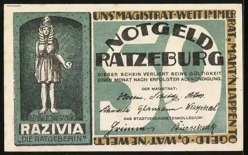 Notgeld Ratzeburg, 50 Pfennig, Ortsansicht, die Ratgeberin Razivia