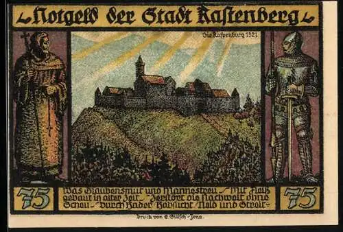 Notgeld Rastenberg 1921, 75 Pfennig, Ortsansicht anno 1321