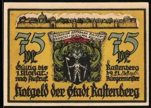 Notgeld Rastenberg 1921, 75 Pfennig, Stahlbrunnen 1646