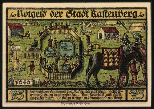Notgeld Rastenberg 1921, 75 Pfennig, Stahlbrunnen 1646