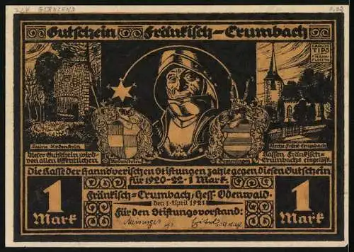 Notgeld Fränkisch-Crumbach 1921, 1 Mark, Ruine Rodenstein, Kirche, Wolkenritter