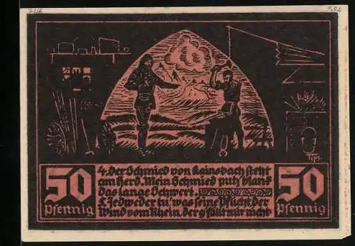 Notgeld Fränkisch-Crumbach 1921, 50 Pfennig, Ein Ritter lässt sich ein Schwert schmieden