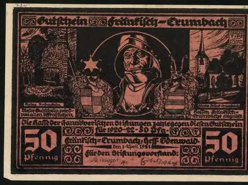 Notgeld Fränkisch-Crumbach 1921, 50 Pfennig, Ein Ritter lässt sich ein Schwert schmieden