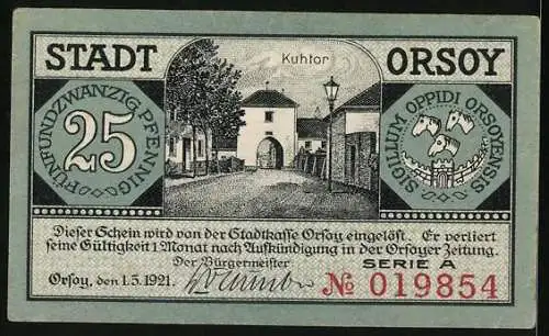 Notgeld Orsoy 1921, 25 Pfennig, Dampfer und Segelschiff vor der Kirchem Kuhtor