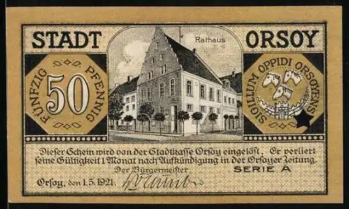 Notgeld Orsoy 1921, 50 Pfennig, Rathaus, Ortsansicht mit Kirche