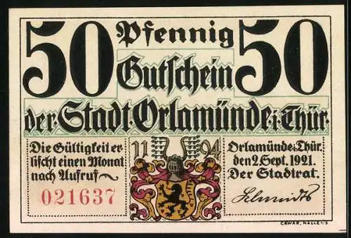 Notgeld Orlamünde 1921, 50 Pfennig, Schlacht bei Saalfeld, Stadtwappen