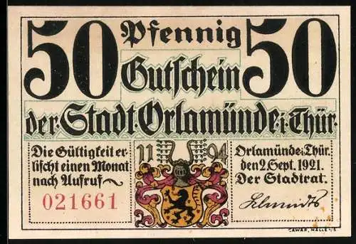 Notgeld Orlamünde 1921, Stadtwappen, Ortsansicht bei Sonnenaufgang