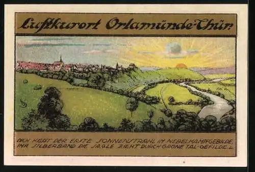 Notgeld Orlamünde 1921, Stadtwappen, Ortsansicht bei Sonnenaufgang