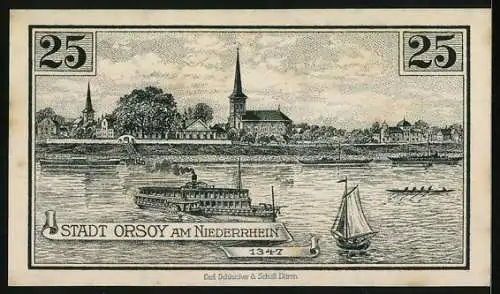 Notgeld Orsoy 1921, 25 Pfennig, Strassenpartie am Kuhtor, Ortsansicht mit Dampfer