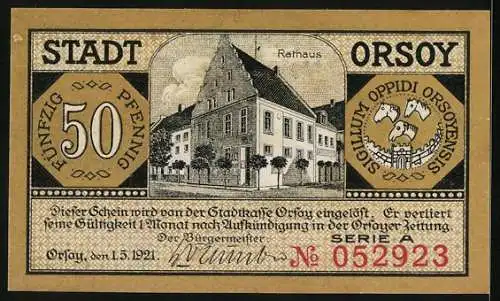 Notgeld Orsoy 1921, 50 Pfennig, Dampfer und Kirche, Rathaus