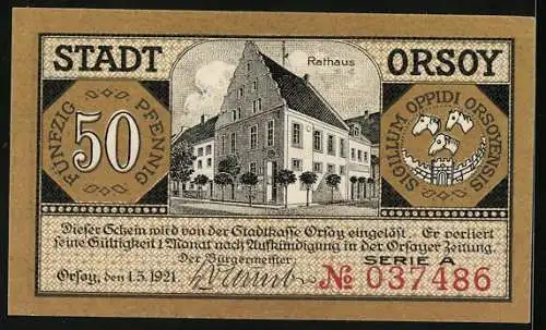 Notgeld Orsoy 1921, 50 Pfennig, Rathaus, Dampfer und Kirche