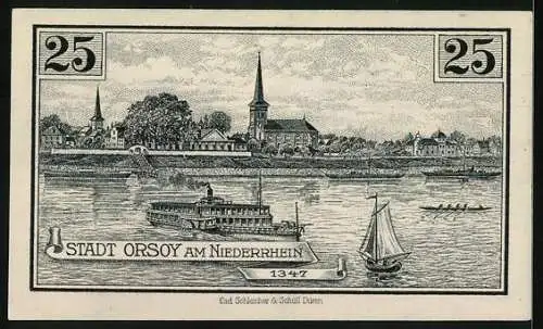 Notgeld Orsoy 1921, 25 Pfennig, Kuhtor, Dampfer vor der Kirche