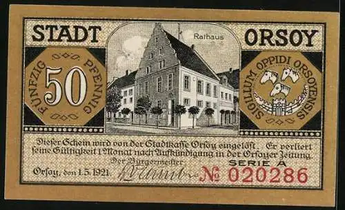 Notgeld Orsoy 1921, 50 Pfennig, Rathaus, Dampfer und Segelschiff