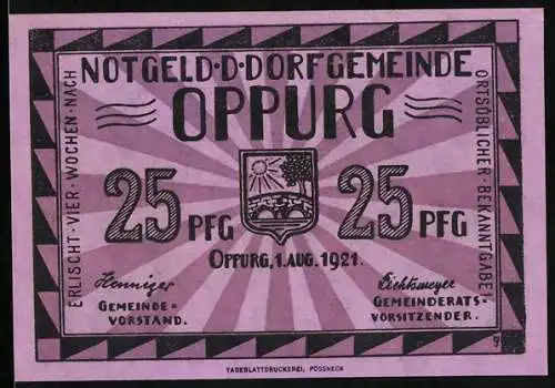 Notgeld Oppurg 1921, 25 Pfennig, Stadtwappen, Alte Orlabrücke