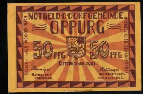 Notgeld Oppurg 1921, 50 Pfennig, Stadtwappen, Kirche