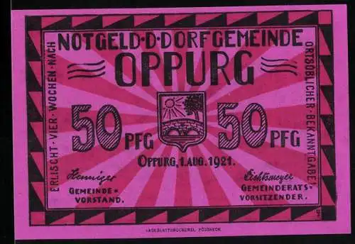 Notgeld Oppurg 1921, 50 Pfennig, Stadtwappen, Türkenhof