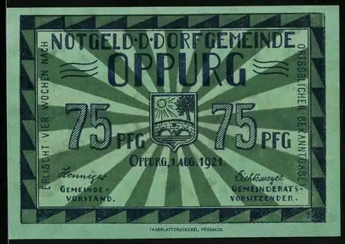 Notgeld Oppurg 1921, 75 Pfennig, Stadtwappen, Schlossturm am Wasser
