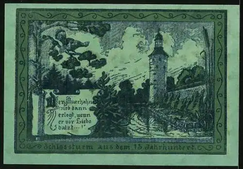 Notgeld Oppurg 1921, 75 Pfennig, Stadtwappen, Schlossturm am Wasser