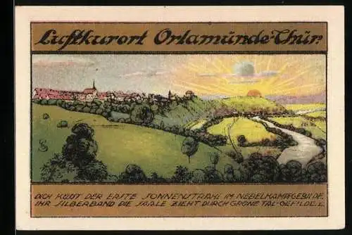 Notgeld Orlamünde 1921, 50 Pfennig, Ortsansicht bei Sonnenaufgang, Stadtwappen