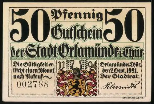 Notgeld Orlamünde 1921, 50 Pfennig, Ortsansicht bei Sonnenaufgang, Stadtwappen