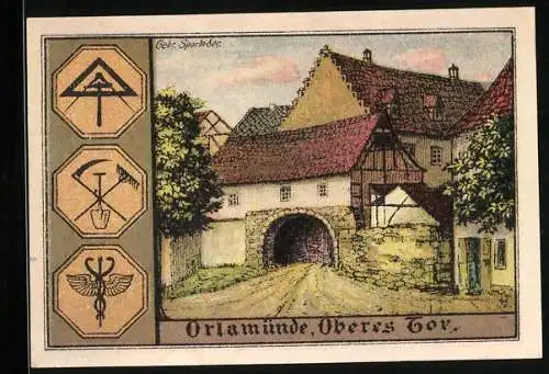 Notgeld Orlamünde / Thüringen 1921, 50 Pfennig, Oberes Tor, Stadtwappen