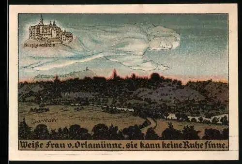 Notgeld Orlamünde 1921, 50 Pfennig, Weisse Frau und Burg Lauernstein, Stadtwappen
