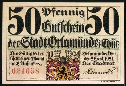 Notgeld Orlamünde 1921, 50 Pfennig, Weisse Frau und Burg Lauernstein, Stadtwappen