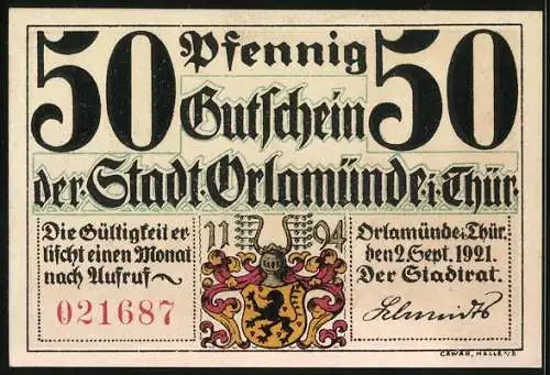 Notgeld Orlamünde 1921, 50 Pfennig, Luther und Karlstadt 1524, Stadtwappen