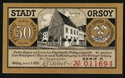 Notgeld Orsoy 1921, 50 Pfennig, Dampfer und Kirche, Segelschiff, Rathaus